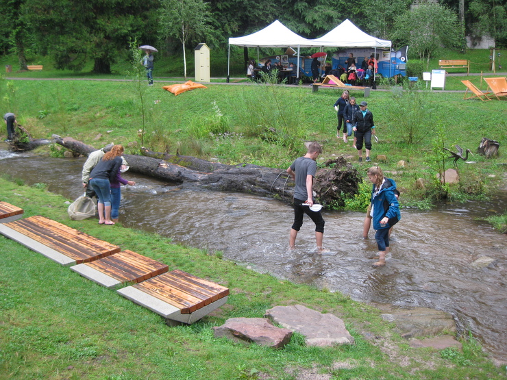 Bild: Das Bild zeigt eine Wiese mit einem Bach. Jugendliche suchen Barfuß nach Wassertieren mit Keschern im Bach. Im Hintergrund des Bildes befindt sich ein Informationsstand unter zwei weißen Pavillons.